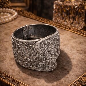 Vintage 80s Silver Embroidered Massive Cuff Bracelet